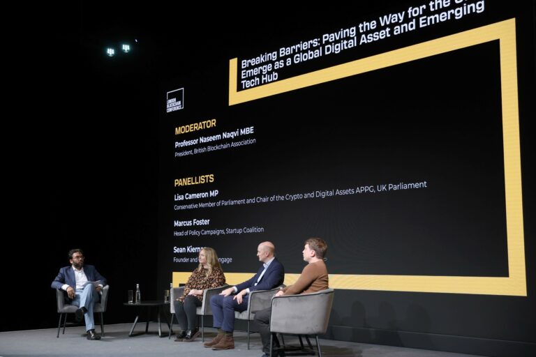 LONDON, ENGLAND - MAY 22: Professor Naseem Naqvi MBE, Lisa Cameron MP, Sean Kiernan and Marcus Foster at the London Blockchain Conference ExCel on May 22, 2024 in London, England. (Photo by Lia Toby/Getty Images for London Blockchain Conference)
